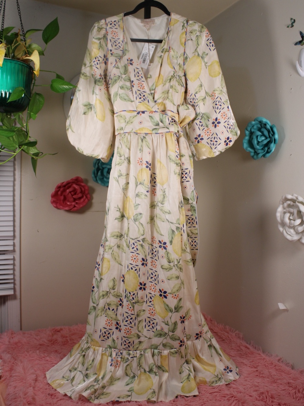 CIEBON Lemon Print Wrap Maxi Dress Size xs NWT MSRP $169